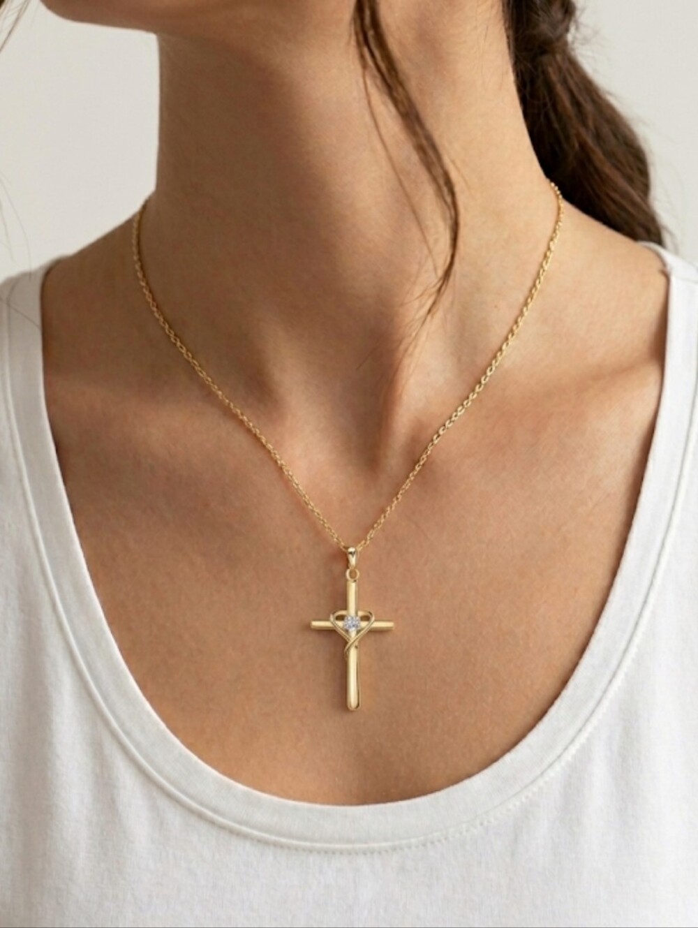Gold Heart Cross Pendant Necklace with Center Circonia Stone - NWT - Picture 2 of 3